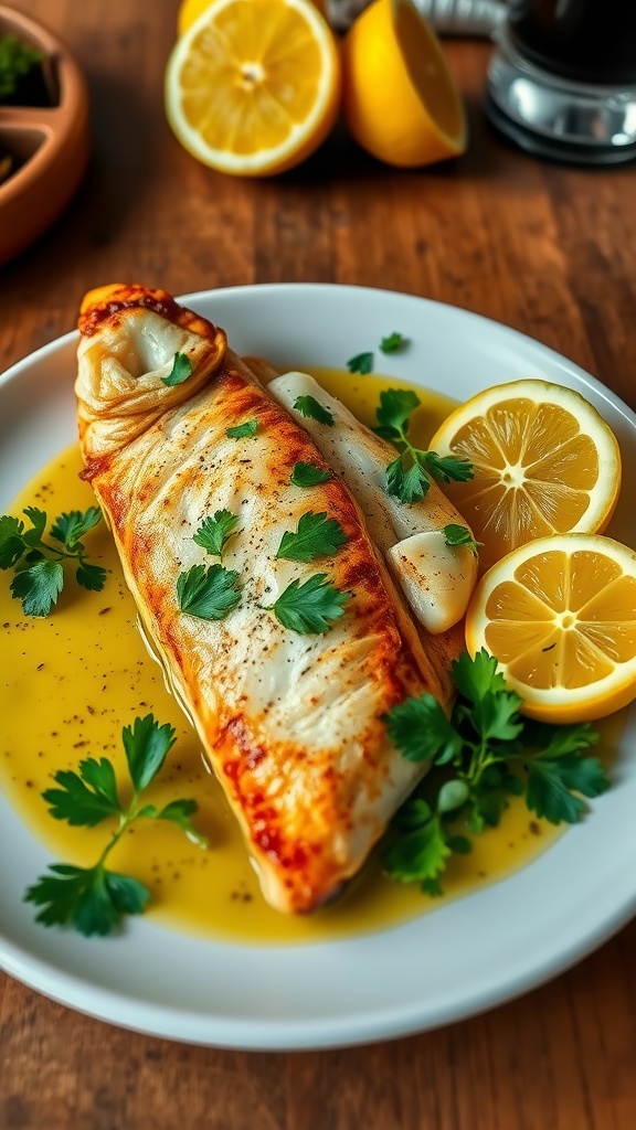 Pan-seared Branzino with crispy skin, garnished with parsley and lemon on a rustic table.